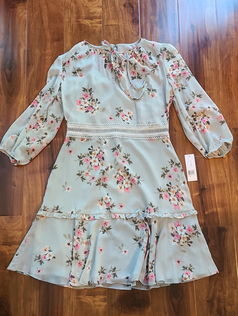 Donna Morgan Light Blue Floral Chiffon Dress with Pink Flowers - Picture 3 of 12